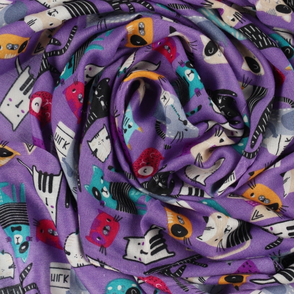 Schultertuch mit Katzenmotiv in Violett – Nikko (2)