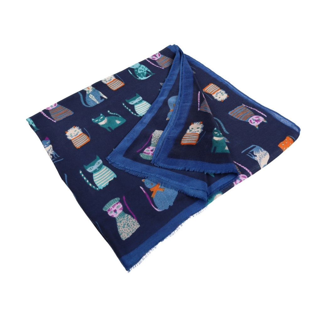 Weicher langer Schal mit Katzenmotiv in Blau – Nikko (1)